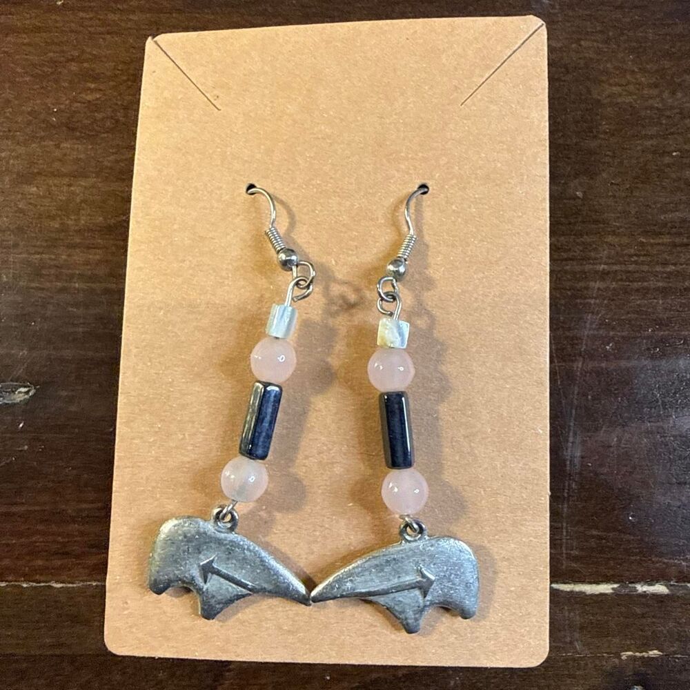Silvertone bear earrings with pink and black beads